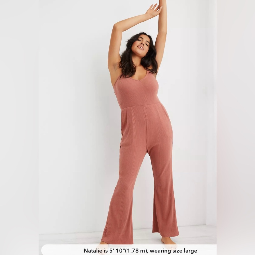 Aerie Kick-It Flare Ribbed Jumpsuit With Pockets Fitted Womens M in Twilight
